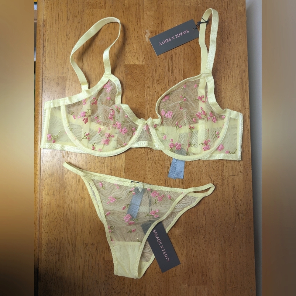 Savage X Fenty Pink and Yellow Bra & Underwear